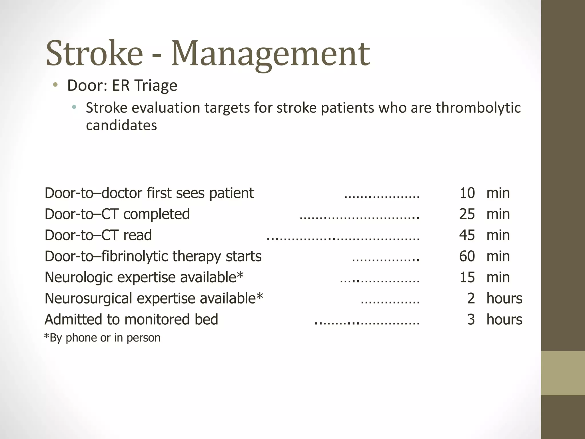 Stroke - Management
• Door: ER Triage
• Stroke evaluation targets for stroke patients who are thrombolytic
candidates
Door-to–doctor first sees patient …….………… 10 min
Door-to–CT completed …….………………….. 25 min
Door-to–CT read ...…………..………………… 45 min
Door-to–fibrinolytic therapy starts …………….. 60 min
Neurologic expertise available* …..…………… 15 min
Neurosurgical expertise available* …………… 2 hours
Admitted to monitored bed ..……...…………… 3 hours
*By phone or in person
 