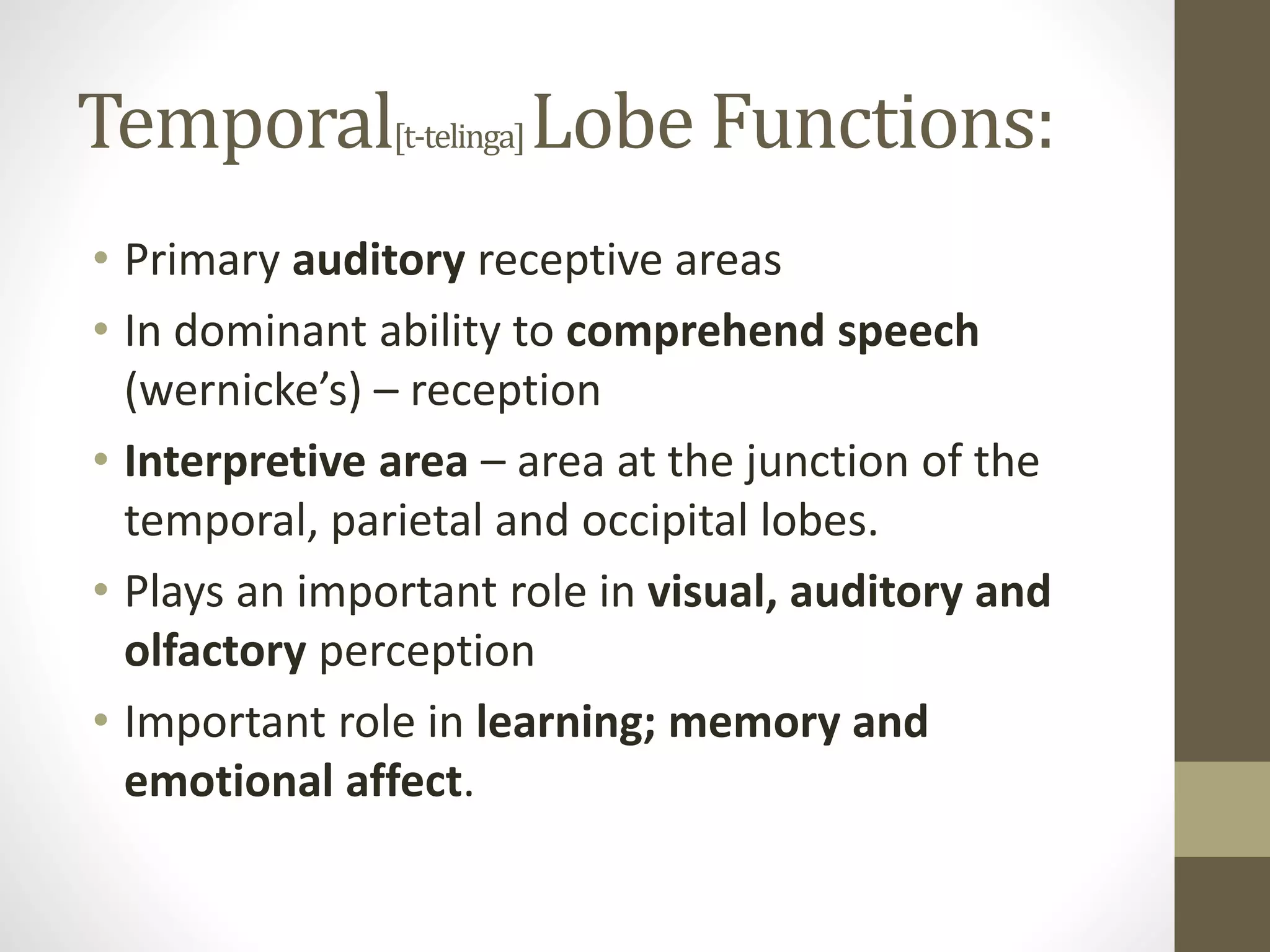 Temporal[t-telinga]Lobe Functions:
• Primary auditory receptive areas
• In dominant ability to comprehend speech
(wernicke’s) – reception
• Interpretive area – area at the junction of the
temporal, parietal and occipital lobes.
• Plays an important role in visual, auditory and
olfactory perception
• Important role in learning; memory and
emotional affect.
 