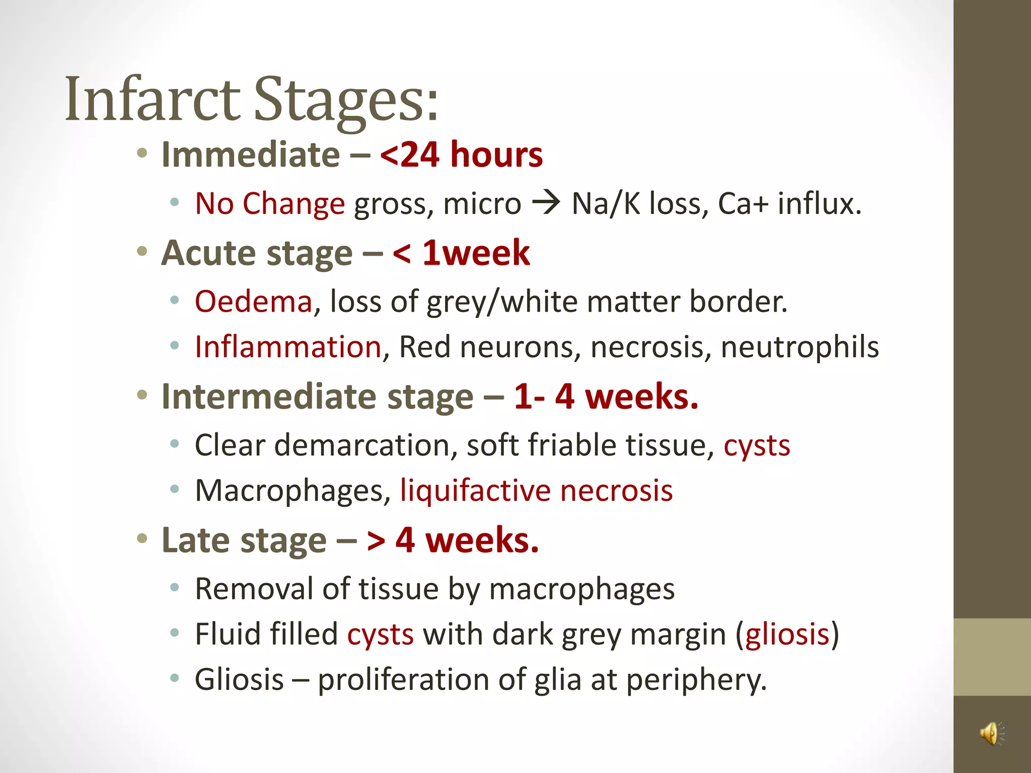 Infarct Stages:
• Immediate – <24 hours
• No Change gross, micro  Na/K loss, Ca+ influx.
• Acute stage – < 1week
• Oedema, loss of grey/white matter border.
• Inflammation, Red neurons, necrosis, neutrophils
• Intermediate stage – 1- 4 weeks.
• Clear demarcation, soft friable tissue, cysts
• Macrophages, liquifactive necrosis
• Late stage – > 4 weeks.
• Removal of tissue by macrophages
• Fluid filled cysts with dark grey margin (gliosis)
• Gliosis – proliferation of glia at periphery.
 