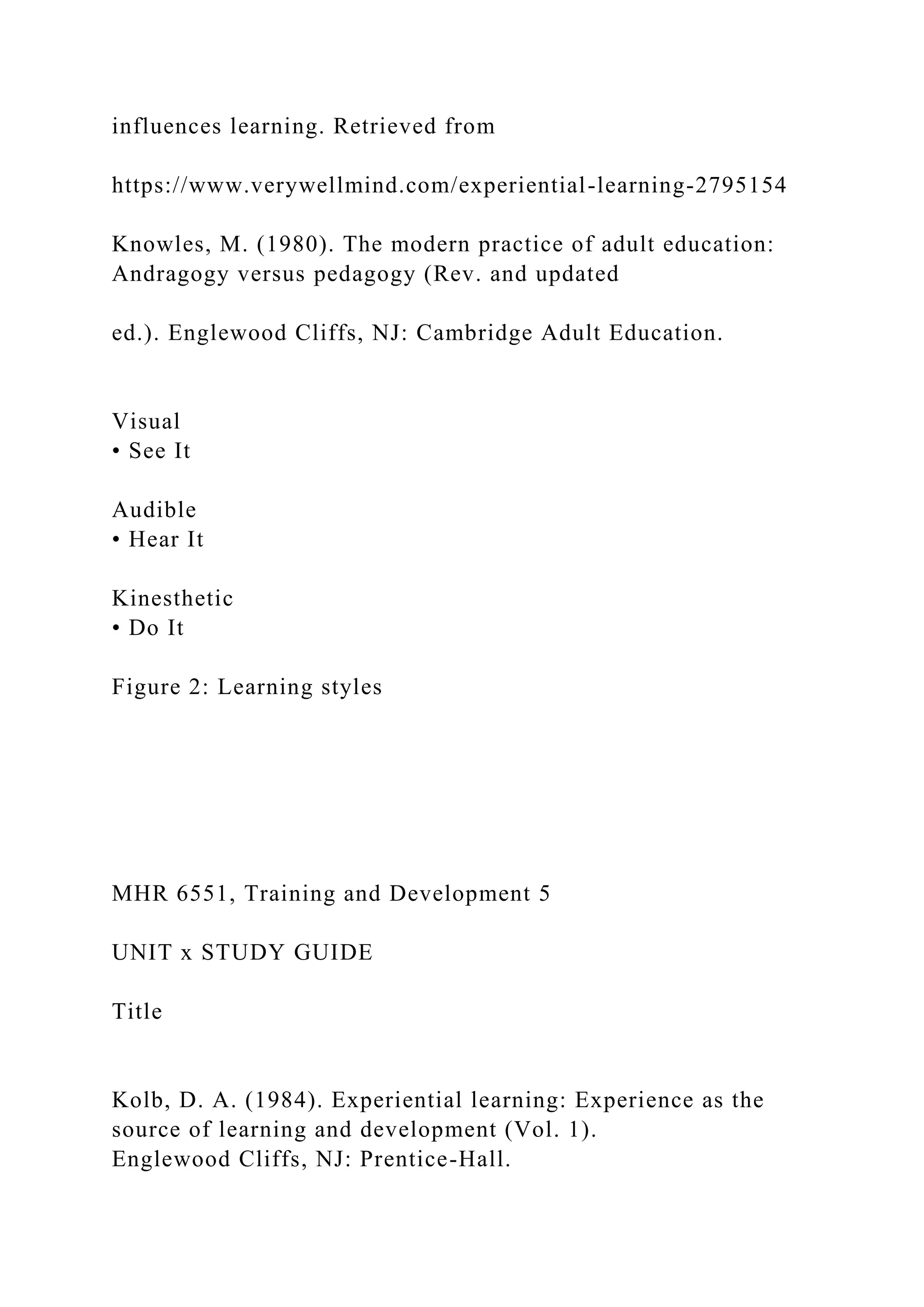 influences learning. Retrieved from
https://www.verywellmind.com/experiential-learning-2795154
Knowles, M. (1980). The modern practice of adult education:
Andragogy versus pedagogy (Rev. and updated
ed.). Englewood Cliffs, NJ: Cambridge Adult Education.
Visual
• See It
Audible
• Hear It
Kinesthetic
• Do It
Figure 2: Learning styles
MHR 6551, Training and Development 5
UNIT x STUDY GUIDE
Title
Kolb, D. A. (1984). Experiential learning: Experience as the
source of learning and development (Vol. 1).
Englewood Cliffs, NJ: Prentice-Hall.
 