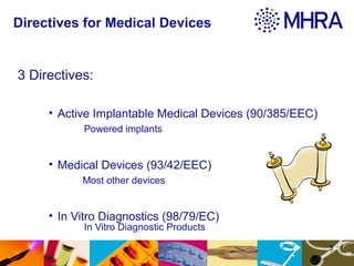 3
Directives for Medical Devices
3 Directives:
• Active Implantable Medical Devices (90/385/EEC)
Powered implants
• Medica...