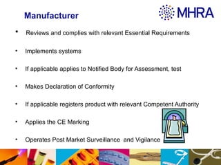 Manufacturer
• Reviews and complies with relevant Essential Requirements
• Implements systems
• If applicable applies to N...