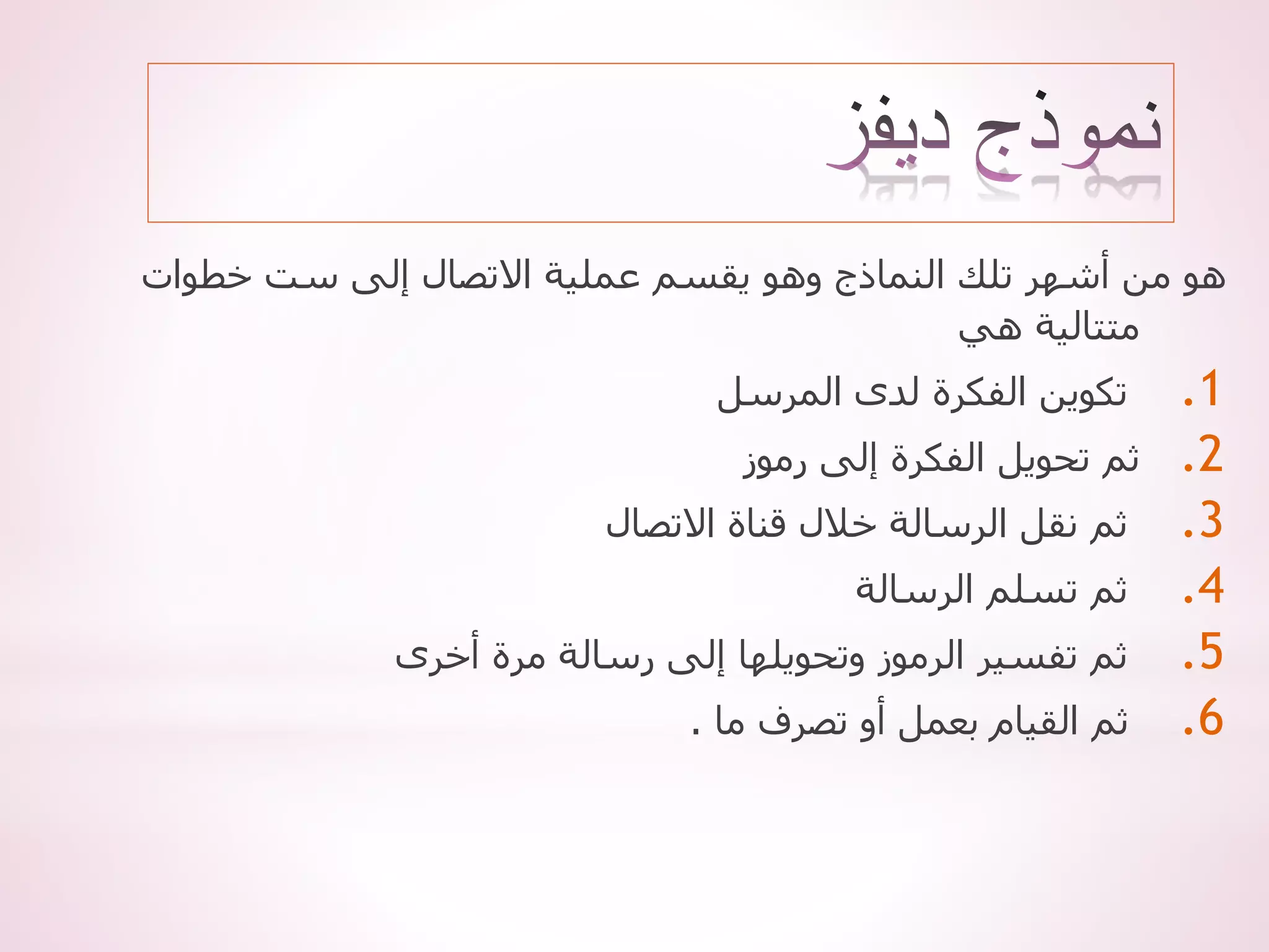 ‫خطوات‬ ‫ست‬ ‫إلى‬ ‫االتصال‬ ‫عملية‬ ‫يقسم‬ ‫وهو‬ ‫النماذج‬ ‫تلك‬ ‫أشهر‬ ‫من‬ ‫هو‬
‫هي‬ ‫متتالية‬
.1
‫المرسل‬ ‫لدى‬ ‫الفكرة‬ ‫تكوين‬
.2
‫رموز‬ ‫إلى‬ ‫الفكرة‬ ‫تحويل‬ ‫ثم‬
.3
‫االتصال‬ ‫قناة‬ ‫خالل‬ ‫الرسالة‬ ‫نقل‬ ‫ثم‬
.4
‫الرسالة‬ ‫تسلم‬ ‫ثم‬
.5
‫أخرى‬ ‫مرة‬ ‫رسالة‬ ‫إلى‬ ‫وتحويلها‬ ‫الرموز‬ ‫تفسير‬ ‫ثم‬
.6
‫ما‬ ‫تصرف‬ ‫أو‬ ‫بعمل‬ ‫القيام‬ ‫ثم‬
.
 