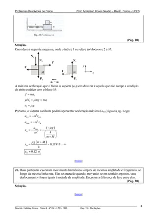 Problemas Resolvidos de Física                               Prof. Anderson Coser Gaudio – Depto. Física – UFES




                                                                                                    (Pág. 20)
Solução.
Considere o seguinte esquema, onde o índice 1 se refere ao bloco m e 2 a M:

               N1’
                          N2                            N1
                                        f’
        F                                                          y

                              M                 f       m                x
                              P2           P1
                             a1 = a2
A máxima aceleração que o bloco m suporta (a1) sem deslizar é aquela que não rompe a condição
de atrito estático com o bloco M:
         f = ma1
        μ N1 = μ mg = ma1
        a1 = μ g
Portanto, o sistema oscilante poderá apresentar aceleração máxima (amax) igual a μg. Logo:
        a(t ) = −ω 2 x(t )
        amax = −ω 2 xm

        xm = −
                  amax
                              =−
                                   ( −μ g )
                  ω   2
                                   ⎛ k ⎞
                                   ⎜    ⎟
                                   ⎝m+M ⎠
               μg (m + M )
        xm =                        = 0,11917       m
                          k
        xm ≈ 0,12 m

                                                        [Início]


20. Duas partículas executam movimento harmônico simples de mesmas amplitude e freqüência, ao
    longo da mesma linha reta. Elas se cruzarão quando, movendo-se em sentidos opostos, seus
    deslocamentos forem iguais à metade da amplitude. Encontre a diferença de fase entre elas.
                                                                                      (Pág. 20)
Solução.

                                                        [Início]



________________________________________________________________________________________________________          4
                                       a
Resnick, Halliday, Krane - Física 2 - 4 Ed. - LTC - 1996. Cap. 15 – Oscilações
 
