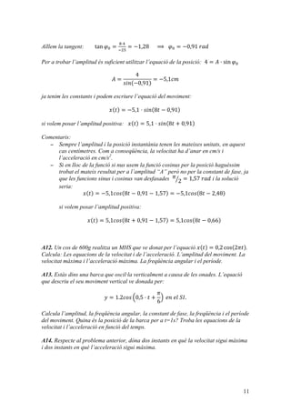 11
Aïllem la tangent: tan 𝜑! =
!·!
!!"
= −1,28           ⟹     𝜑! = −0,91  𝑟𝑎𝑑
Per a trobar l’amplitud és suficient utilitzar l’equació de la posició: 4 = 𝐴 · sin 𝜑!
𝐴 =
4
𝑠𝑖𝑛 −0,91
= −5,1𝑐𝑚
ja tenim les constants i podem escriure l’equació del moviment:
𝑥 𝑡 = −5,1 · 𝑠𝑖𝑛 8𝑡 − 0,91   
si volem posar l’amplitud positiva: 𝑥 𝑡 = 5,1 · 𝑠𝑖𝑛 8𝑡 + 0,91
Comentaris:
− Sempre l’amplitud i la posició instantània tenen les mateixes unitats, en aquest
cas centímetres. Com a conseqüència, la velocitat ha d’anar en cm/s i
l’acceleració en cm/s2
.
− Si en lloc de la funció si nus usem la funció cosinus per la posició haguéssim
trobat el mateix resultat per a l’amplitud “A” però no per la constant de fase, ja
que les funcions sinus i cosinus van desfasades 𝜋
2 = 1,57  𝑟𝑎𝑑 i la solució
seria:
𝑥 𝑡 = −5,1𝑐𝑜𝑠 8𝑡 − 0,91 − 1,57 = −5,1𝑐𝑜𝑠 8𝑡 − 2,48
si volem posar l’amplitud positiva:
𝑥 𝑡 = 5,1𝑐𝑜𝑠 8𝑡 + 0,91 − 1,57 = 5,1𝑐𝑜𝑠 8𝑡 − 0,66
A12. Un cos de 600g realitza un MHS que ve donat per l’equació 𝑥 𝑡 = 0,2 cos 2𝜋𝑡 .
Calcula: Les equacions de la velocitat i de l’acceleració. L’amplitud del moviment. La
velocitat màxima i l’acceleració màxima. La freqüència angular i el període.
A13. Estàs dins una barca que oscil·la verticalment a causa de les onades. L’equació
que descriu el seu moviment vertical ve donada per:
𝑦 = 1.2𝑐𝑜𝑠 0,5 · 𝑡 +
𝜋
6
  𝑒𝑛  𝑒𝑙  𝑆𝐼.
Calcula l’amplitud, la freqüència angular, la constant de fase, la freqüència i el període
del moviment. Quina és la posició de la barca per a t=1s? Troba les equacions de la
velocitat i l’acceleració en funció del temps.
A14. Respecte al problema anterior, dóna dos instants en què la velocitat sigui màxima
i dos instants en què l’acceleració sigui màxima.
 