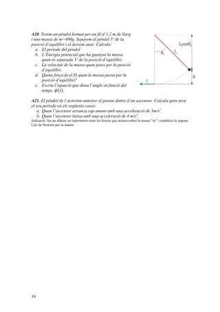 16
A20. Tenim un pèndol format per un fil d’1,2 m de llarg
i una massa de m=400g. Separem el pèndol 5º de la
posició d’equilibri i el deixem anar. Calcula:
a. El període del pèndol
b. L’Energia potencial que ha guanyat la massa
quan és separada 5º de la posició d’equilibri.
c. La velocitat de la massa quan passi per la posició
d’equilibri.
d. Quina força fa el fil quan la massa passa per la
posició d’equilibri?
e. Escriu l’equació que dóna l’angle en funció del
temps, 𝜙 𝑡 .
A21. El pèndol de l’activitat anterior el posem dintre d’un ascensor. Calcula quin serà
el seu període en els següents casos:
a. Quan l’ascensor arranca cap amunt amb una acceleració de 3m/s2
.
b. Quan l’ascensor baixa amb una acceleració de 4 m/s2
.
Indicació: fes un dibuix on representis totes les forces que actuen sobre la massa “m” i estableix la segona
Llei de Newton per la massa.
 
