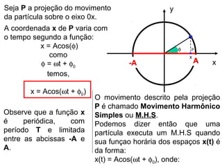 Seja P a projeção do movimento
da partícula sobre o eixo 0x.
A coordenada x de P varia com
o tempo segundo a função:
x = Acos(φ)
como
φ = ωt + φ0
temos,
x = Acos(ωt + φ0)
y
xA-A
φ
x
Observe que a função x
é periódica, com
período T e limitada
entre as abcissas -A e
A.
O movimento descrito pela projeção
P é chamado Movimento Harmônico
Simples ou M.H.S.
Podemos dizer então que uma
partícula executa um M.H.S quando
sua funçao horária dos espaços x(t) é
da forma:
x(t) = Acos(ωt + φ0), onde:
A-A
P
 