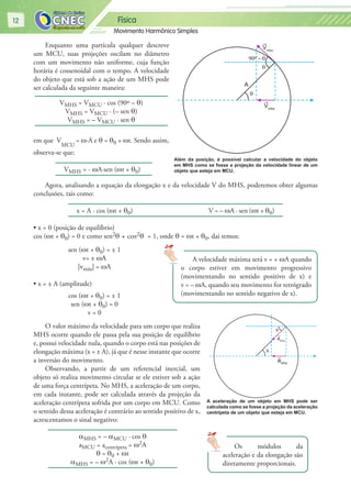 Física
Movimento Harmônico Simples
12
Enquanto uma partícula qualquer descreve
um MCU, suas projeções oscilam no diâmetro
com um movimento não uniforme, cuja função
horária é cossenoidal com o tempo. A velocidade
do objeto que está sob a ação de um MHS pode
ser calculada da seguinte maneira:
VMHS = VMCU · cos (90º – θ)
VMHS = VMCU · (– sen θ)
VMHS = – VMCU · sen θ
em que V
MCU
= ω∙A e θ = θ0 + ωt. Sendo assim,
observa-se que:
VMHS = - ωA∙sen (ωt + θ0)
Agora, analisando a equação da elongação x e da velocidade V do MHS, poderemos obter algumas
conclusões, tais como:
x = A · cos (ωt + θ0) V = – ωA · sen (ωt + θ0)
• x = 0 (posição de equilíbrio)
cos (ωt + θ0) = 0 e como sen2θ + cos2θ = 1, onde θ = ωt + θ0, dai temos:
sen (ωt + θ0) = ± 1
v= ± ωA
|vmáx| = ωA
• x = ± A (amplitude)
cos (ωt + θ0) = ± 1
sen (ωt + θ0) = 0
v = 0
O valor máximo da velocidade para um corpo que realiza
MHS ocorre quando ele passa pela sua posição de equilíbrio
e, possui velocidade nula, quando o corpo está nas posições de
elongação máxima (x = ± A), já que é nesse instante que ocorre
a inversão do movimento.
Observando, a partir de um referencial inercial, um
objeto só realiza movimento circular se ele estiver sob a ação
de uma força centrípeta. No MHS, a aceleração de um corpo,
em cada instante, pode ser calculada através da projeção da
aceleração centrípeta sofrida por um corpo em MCU. Como
o sentido dessa aceleração é contrário ao sentido positivo de x,
acrescentamos o sinal negativo:
αMHS = – αMCU · cos θ
aMCU = acentrípeta = ω2A
θ = θ0 + ωt
αMHS = – ω2A · cos (ωt + θ0)
A
Vmcu
Vmhs
θ
θ
90º – θ
Além da posição, é possível calcular a velocidade do objeto
em MHS como se fosse a projeção da velocidade linear de um
objeto que esteja em MCU.
A velocidade máxima será v = + ωA quando
o corpo estiver em movimento progressivo
(movimentando no sentido positivo de x) e
v = – ωA, quando seu movimento for retrógrado
(movimentando no sentido negativo de x).
amhs
amcu
θ
θ
A aceleração de um objeto em MHS pode ser
calculada como se fosse a projeção da aceleração
centrípeta de um objeto que esteja em MCU.
Os módulos da
aceleração e da elongação são
diretamente proporcionais.
 
