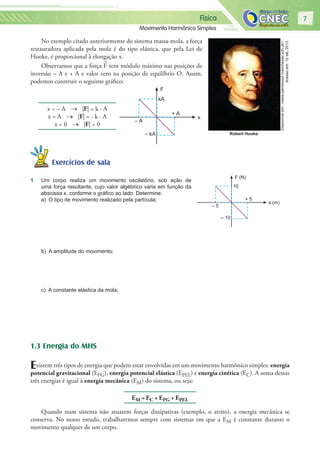 Física
Movimento Harmônico Simples
7
No exemplo citado anteriormente do sistema massa-mola, a força
restauradora aplicada pela mola é do tipo elástica, que pela Lei de
Hooke, é proporcional à elongação x.
Observamos que a força F tem módulo máximo nas posições de
inversão – A e + A e valor zero na posição de equilíbrio O. Assim,
podemos construir o seguinte gráfico:
F
x
+ A
– A
– kA
kA
x = – A → |F| = k ∙ A
x = A → |F| = - k ∙ A
x = 0 → |F| = 0
Exercícios de salaExercícios de sala
1 Um corpo realiza um movimento oscilatório, sob ação de
uma força resultante, cujo valor algébrico varia em função da
abscissa x, conforme o gráﬁco ao lado. Determine:
a) O tipo de movimento realizado pela partícula;
b) A amplitude do movimento;
c) A constante elástica da mola;
1.3 Energia do MHS
Existem três tipos de energia que podem estar envolvidas em um movimento harmônico simples: energia
potencial gravitacional (EPG), energia potencial elástica (EPEL) e energia cinética (EC). A soma dessas
três energias é igual à energia mecânica (EM) do sistema, ou seja:
EM = EC + EPG + EPEL
Quando num sistema não atuarem forças dissipativas (exemplo, o atrito), a energia mecânica se
conserva. No nosso estudo, trabalharemos sempre com sistemas em que a EM é constante durante o
movimento qualquer de um corpo.
Disponívelem:<www.parrswood.manchester.sch.uk>.
Acessoem:12set.2013.
Robert Hooke.
F (N)
x (m)
+ 5
– 5
– 10
10
 