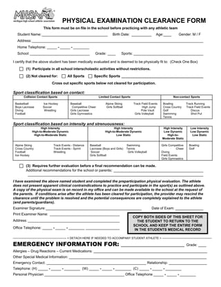 PHYSICAL EXAMINATION CLEARANCE FORM
                         This form must be on file in the school before practicing with any athletic team
   Student Name: _________________________________                                Birth Date: __________              Age:____          Gender: M / F
   Address: ______________________________________________________________________________________
   Home Telephone: _____ - _____ - ________
   School: ______________________________                          Grade: ____           Sports: ___________________________________

I certify that the above student has been medically evaluated and is deemed to be physically fit to: (Check One Box)
          (1) Participate in all school interscholastic activities without restrictions.
          (2) Not cleared for:              All Sports            Specific Sports _________________________________________
                                Cross out specific sports below not cleared for participation.

Sport classification based on contact:
        Collision Contact Sports                                      Limited Contact Sports                                        Non-contact Sports

 Basketball             Ice Hockey             Baseball                     Alpine Skiing          Track Field Events      Bowling            Track Running
 Boys Lacrosse          Soccer                  Competitive Cheer           Girls Softball                High Jump        Cross Country      Track Field Events
 Diving                  Wrestling             Girls Lacrosse                                            Pole Vault        Golf                  Discus
 Football                                      Girls Gymnastics                                     Girls Volleyball       Swimming              Shot Put
                                                                                                                           Tennis

Sport classification based on intensity and strenuousness:
                     High Intensity                                               High Intensity                            High Intensity        Low Intensity
               High-to-Moderate Dynamic                                     High-to-Moderate Dynamic                        Low Dynamic           Low Dynamic
                High-to-Moderate Static                                             Low Static                                 High-to-            Low Static
                                                                                                                           Moderate Static

 Alpine Skiing                   Track Events - Distance       Baseball                      Swimming                     Girls Competitive      Bowling
 Cross Country                   Track Events - Sprint         Lacrosse (Boys and Girls)     Tennis                                  Cheer       Golf
 Football                        Wrestling                      Soccer                        Girls Volleyball            Diving
 Ice Hockey                                                    Girls Softball                                             Field Events
                                                                                                                          Girls Gymnastics

          (3) Requires further evaluation before a final recommendation can be made.
          Additional recommendations for the school or parents: _____________________________________________
           ________________________________________________________________________________________
I have examined the above named student and completed the preparticipation physical evaluation. The athlete
does not present apparent clinical contraindications to practice and participate in the sport(s) as outlined above.
A copy of the physical exam is on record in my office and can be made available to the school at the request of
the parents. If conditions arise after the athlete has been cleared for participation, the provider may rescind the
clearance until the problem is resolved and the potential consequences are completely explained to the athlete
(and parents/guardians).
Examiner Signature: ________________________________________________                                              Date of Exam: ______________
Print Examiner Name: ___________________________________
                                                                                                  COPY BOTH SIDES OF THIS SHEET FOR
Address: ______________________________________________                                              THE STUDENT TO RETURN TO THE
                                                                                                  SCHOOL AND KEEP THE ENTIRE FORM
Office Telephone: _____ - _____ - ________ _________________
                                                                                                   IN THE STUDENTS MEDICAL RECORD

-------------------------------------------------------- < DETACH HERE IF NEEDED TO ACCOMPANY STUDENT ATHLETE > ----------------------------------------------------

EMERGENCY INFORMATION FOR: ______________________                                                                                              Grade: ____
Allergies – Drug Reactions – Current Medications: _________________________________________________________
Other Special Medical Information: _____________________________________________________________________
Emergency Contact: __________________________________________________ Relationship: ___________________
Telephone: (H) _____ - _____ - ________ (W) _____ - _____ - ________ (C) _____ - _____ - ________
Personal Physician ________________________________________ Office Telephone _____ - _____ - ________
 