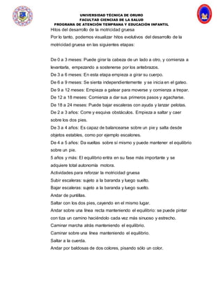 UNIVERSIDAD TÉCNICA DE ORURO
FACULTAD CIENCIAS DE LA SALUD
PROGRAMA DE ATENCIÓN TEMPRANA Y EDUCACIÓN INFANTIL
Hitos del desarrollo de la motricidad gruesa
Por lo tanto, podemos visualizar hitos evolutivos del desarrollo de la
motricidad gruesa en las siguientes etapas:
De 0 a 3 meses: Puede girar la cabeza de un lado a otro, y comienza a
levantarla, empezando a sostenerse por los antebrazos.
De 3 a 6 meses: En esta etapa empieza a girar su cuerpo.
De 6 a 9 meses: Se sienta independientemente y se inicia en el gateo.
De 9 a 12 meses: Empieza a gatear para moverse y comienza a trepar.
De 12 a 18 meses: Comienza a dar sus primeros pasos y agacharse.
De 18 a 24 meses: Puede bajar escaleras con ayuda y lanzar pelotas.
De 2 a 3 años: Corre y esquiva obstáculos. Empieza a saltar y caer
sobre los dos pies.
De 3 a 4 años: Es capaz de balancearse sobre un pie y salta desde
objetos estables, como por ejemplo escalones.
De 4 a 5 años: Da vueltas sobre sí mismo y puede mantener el equilibrio
sobre un pie.
5 años y más: El equilibrio entra en su fase más importante y se
adquiere total autonomía motora.
Actividades para reforzar la motricidad gruesa
Subir escaleras: sujeto a la baranda y luego suelto.
Bajar escaleras: sujeto a la baranda y luego suelto.
Andar de puntillas.
Saltar con los dos pies, cayendo en el mismo lugar.
Andar sobre una línea recta manteniendo el equilibrio: se puede pintar
con tiza un camino haciéndolo cada vez más sinuoso y estrecho.
Caminar marcha atrás manteniendo el equilibrio.
Caminar sobre una línea manteniendo el equilibrio.
Saltar a la cuerda.
Andar por baldosas de dos colores, pisando sólo un color.
 