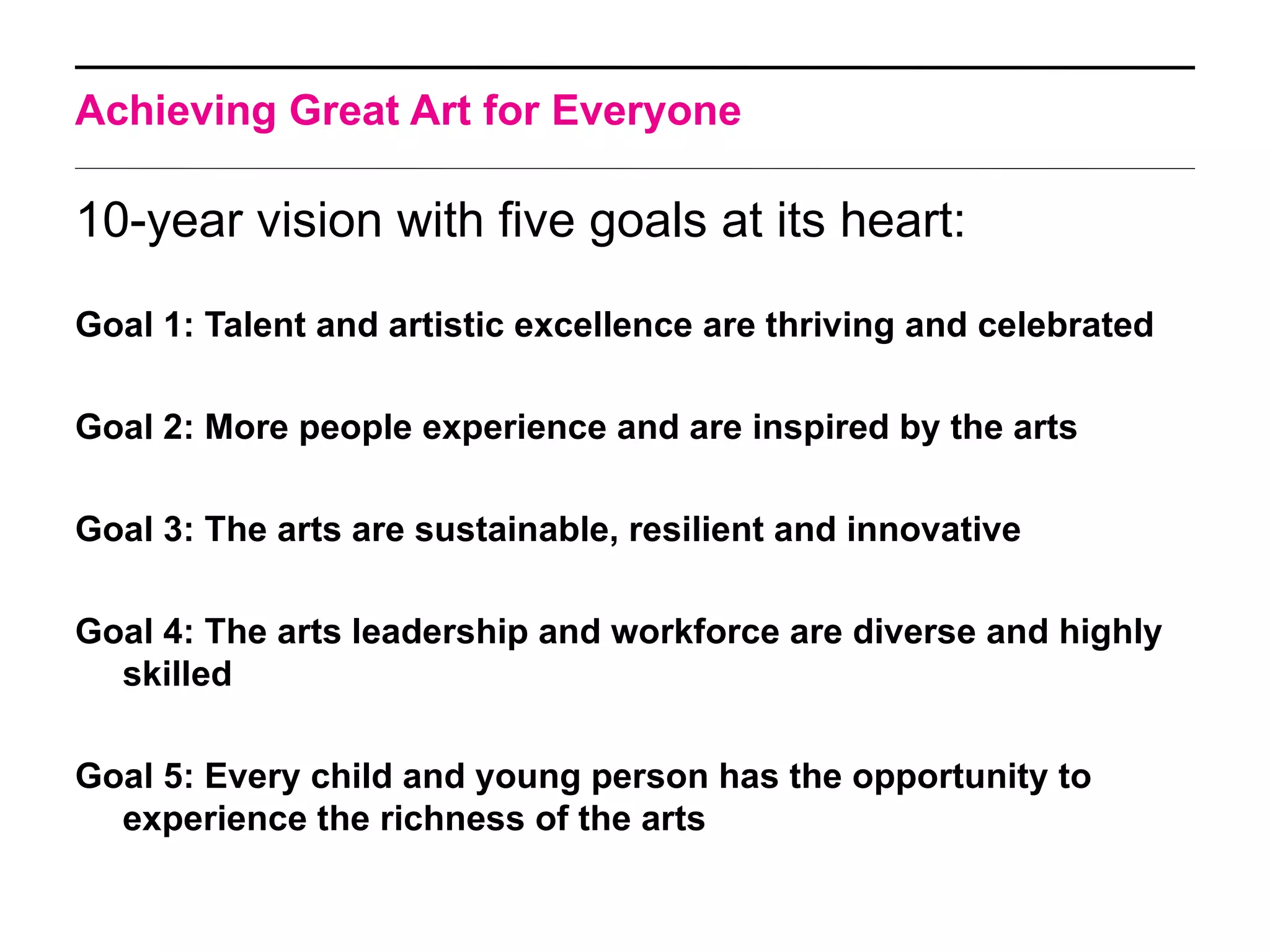 Achieving Great Art for Everyone

10-year vision with five goals at its heart:

Goal 1: Talent and artistic excellence are thriving and celebrated

Goal 2: More people experience and are inspired by the arts

Goal 3: The arts are sustainable, resilient and innovative

Goal 4: The arts leadership and workforce are diverse and highly
  skilled

Goal 5: Every child and young person has the opportunity to
  experience the richness of the arts
 
