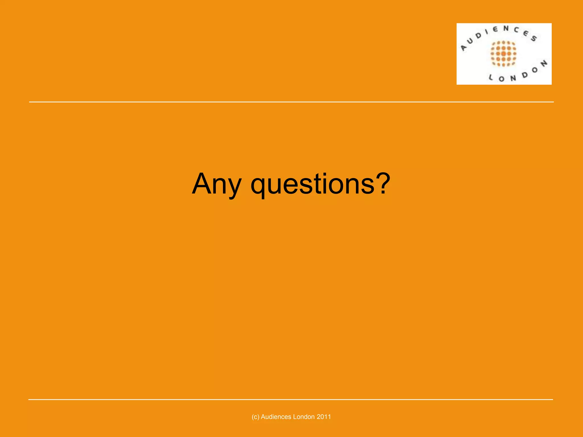Data hubEach gallery own Snap online account based on core plus their optional questionsGallery staff undertake fieldworkAssisted self completion questionnairesInput dataIndividual analysis and tablesCompare to benchmarks(c) Audiences London 2011