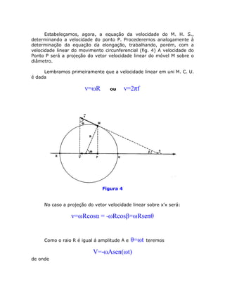 Estabeleçamos, agora, a equação da velocidade do M. H. S.,
determinando a velocidade do ponto P. Procederemos analogamente à
determinação da equação da elongação, trabalhando, porém, com a
velocidade linear do movimento circunferencial (fig. 4) A velocidade do
Ponto P será a projeção do vetor velocidade linear do móvel M sobre o
diâmetro.

     Lembramos primeiramente que a velocidade linear em uni M. C. U.
é dada

                       v=ωR       ou      v=2πf




                               Figura 4


     No caso a projeção do vetor velocidade linear sobre x'x será:

                 v=ωRcosα = -ωRcosβ=ωRsenθ


     Como o raio R é igual á amplitude A e   θ=ωt   teremos

                           V=-ωAsen(ωt)
de onde
 