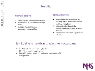 Benefits CLINICIAN BENEFITS Improved patient experience by ensuring critical items are available on time,  every time