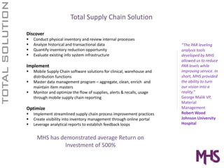 Total Supply Chain Solution

Discover
   Conduct physical inventory and review internal processes
   Analyze historical and transactional data                             “The PAR leveling 
   Quantify inventory reduction opportunity                              analysis tools 
   Evaluate existing info system infrastructure                          developed by MHS 
                                                                         allowed us to reduce 
Implement                                                                PAR levels while 
   Mobile Supply Chain software solutions for clinical, warehouse and    improving service. In 
   distribution functions                                                short, MHS provided 
   Master data management program – aggregate, clean, enrich  and        the ability to turn 
   maintain item masters                                                 our vision into a 
   Monitor and optimize the flow of supplies, alerts & recalls, usage    reality.”
   through mobile supply chain reporting                                 George Malik VP, 
                                                                         Material 
Optimize                                                                 Management
   Implement streamlined supply chain process improvement practices      Robert Wood 
   Create visibility into inventory management through online portal     Johnson University 
   Leverage analytical reports to establish feedback loops               Hospital


    MHS has demonstrated average Return on 
             Investment of 500%
 