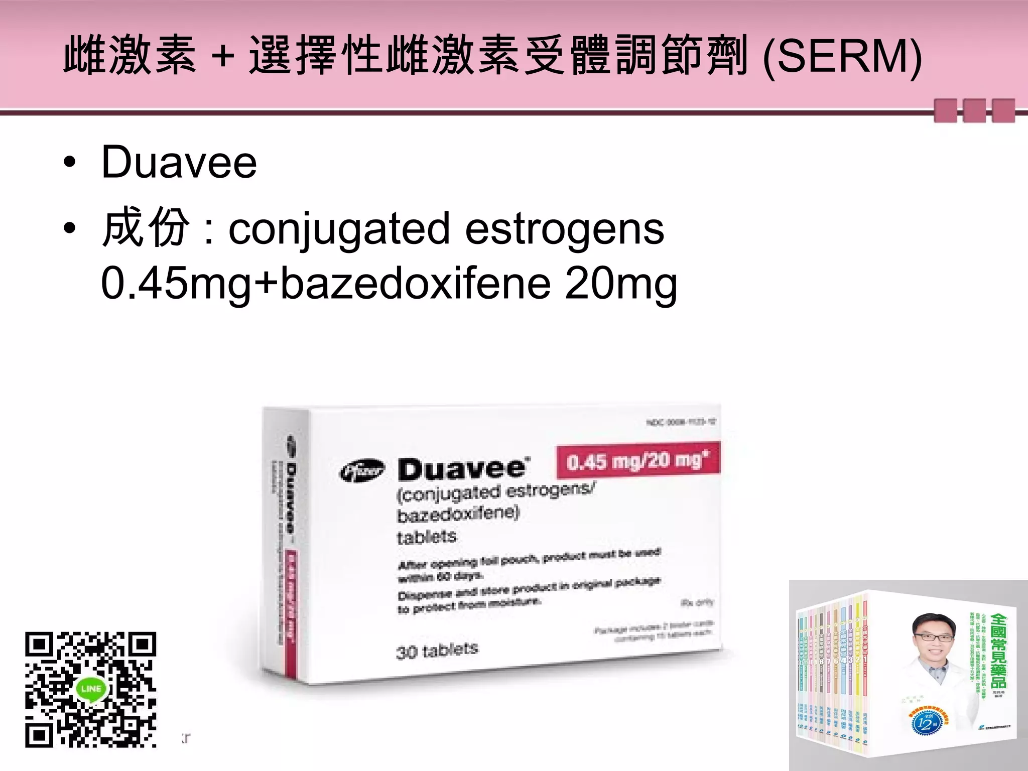 雌激素 + 選擇性雌激素受體調節劑 (SERM)
• Duavee
• 成份 : conjugated estrogens
0.45mg+bazedoxifene 20mg
 