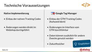 Seite 31
Technische Voraussetzungen
Native Implementierung
• Einbau der nativen Tracking Codes
• Änderungen werden direkt im
Webshop durchgeführt
Google Tag Manager
• Einbau der GTM Tracking Codes
(Aufwand ident)
• Änderungen im Interface vom
GTM durchführbar
• Daten können zusätzlich für andere
Zwecke genutzt werden
• Zukunftssicher
</>
 