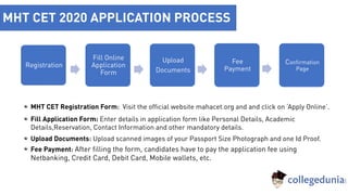 MHT CET 2020 APPLICATION PROCESS
MHT CET Registration Form: Visit the official website mahacet.org and and click on ‘Apply Online’.
Fill Application Form: Enter details in application form like Personal Details, Academic
Details,Reservation, Contact Information and other mandatory details.
Upload Documents: Upload scanned images of your Passport Size Photograph and one Id Proof.
Fee Payment: After filling the form, candidates have to pay the application fee using
Netbanking, Credit Card, Debit Card, Mobile wallets, etc.
Registration
Fill Online
Application
Form
Upload
Documents
Fee
Payment
Confirmation
Page
 