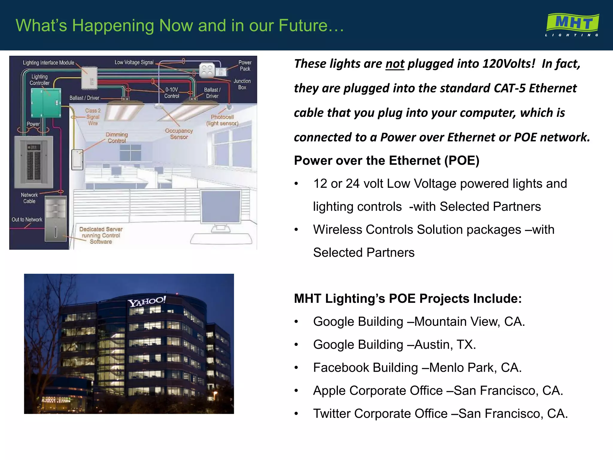 These lights are not plugged into 120Volts! In fact,
they are plugged into the standard CAT-5 Ethernet
cable that you plug into your computer, which is
connected to a Power over Ethernet or POE network.
Power over the Ethernet (POE)
• 12 or 24 volt Low Voltage powered lights and
lighting controls -with Selected Partners
• Wireless Controls Solution packages –with
Selected Partners
MHT Lighting’s POE Projects Include:
• Google Building –Mountain View, CA.
• Google Building –Austin, TX.
• Facebook Building –Menlo Park, CA.
• Apple Corporate Office –San Francisco, CA.
• Twitter Corporate Office –San Francisco, CA.
What’s Happening Now and in our Future…
 