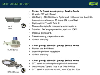 BL-XC Series
DTD-XC Series
• Perfect for Street, Area Lighting, Service Roads
• 48 watt - 215 watt offered
• L70 Rating - 100,000 Hours. System will not have more than 20%
lumen depreciation over 15 Years. (24 hours/day)
• Optic options: Type II, Type III
• Photocell receptacle, occupancy sensor options.
• Standard 5kV surge protection, optional 10kV
• Optional bird guard,
• Tool-less entry, steps adjustment
• 10-Year Warranty
• Area Lighting, Security Lighting, Service Roads
• Fixtures are IP65 Rated
• Standard photocell receptacle
• 10-Year Warranty
• Area Lighting, Security Lighting, Service Roads
• DTD series includes optional prismatic lens cover
• Optic options: Type II, Type III or Type V optics
• DTD series is available in 10W, 20W, 30W and 50W
MHTL-BL/MHTL-DTD
RW-XC
Series
 