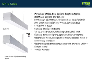 • Perfect for Offices, Data Centers, Displays Rooms,
Healthcare Centers, and Schools
• L80 Rating > 66,000 Hours. System will not have more than
20% lumen depreciation over 7 Years. (24 hours/day)
• >105 Lm/W in 4000K
• Standard 3ft suspended cable
• 42” x 3.5” x 3.5” aluminum housing with brushed finish
• Standard downward lighting, optional with upward lighting
• Optional wall mount, ceiling surface mount, recessed mount or
continuously connected
• Optional Integrated Occupancy Sensor with or without ON/OFF
daylight control
• 10-Year Warranty
MHTL-CUBE
CUBE-XC
CUBE-XC with Daylight Harvesting
sensor
 