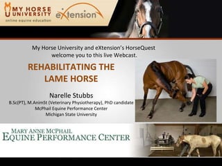 My Horse University and eXtension’s HorseQuest  welcome you to this live Webcast. REHABILITATING THE LAME HORSE Narelle Stubbs B.Sc(PT), M.AnimSt (Veterinary Physiotherapy), PhD candidate McPhail Equine Performance Center Michigan State University 