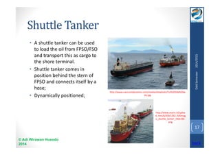 Shuttle Tanker 
• A shuttle tanker can be used 
to load the oil from FPSO/FSO 
and transport this as cargo to 
the shore terminal. 
• Shuttle tanker comes in 
position behind the stern of 
FPSO and connects itself by a 
hose; 
• Dynamically positioned; 
© Adi Wirawan Husodo 
2014 
Odd Semester 2014/2015 
17 
http://www.navicomdynamics.com/media/sitephoto/Tui%2018a%20w 
eb.jpg 
http://www.marin.nl/uploa 
d_mm/6/d/9/1262_fullimag 
e_shuttle_tanker_192x192. 
png 
back 
 