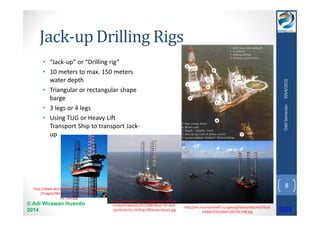Jack-up Drilling Rigs 
• “Jack-up” or “Drilling rig” 
• 10 meters to max. 150 meters 
water depth 
• Triangular or rectangular shape 
barge 
• 3 legs or 4 legs 
• Using TUG or Heavy Lift 
Transport Ship to transport Jack-up 
© Adi Wirawan Husodo 
2014 
Odd Semester 2014/2015 
8 
http://en.murmanshelf.ru/upload/iblock/eb2/eb2f31ef 
e49de2342c68ef32637bc548.jpg 
http://www.offshoreenergytoday.com/wp-content/ 
uploads/2013/08/Aban-VII-Jack- 
Up-Hired-for-Drilling-Offshore-Oman.jpg 
http://www.akersolutions.com/Global/Media 
/images/AkerSolutions_drilling_jack-up_ 
320.jpg 
back 
 