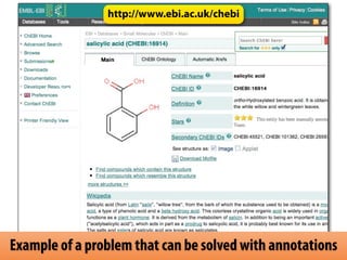 Example of a problem that can be solved with annotations
http://www.ebi.ac.uk/chebi
Low info
content
 