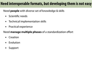 Need interoperable formats, but developing them is not easy
Need people with diverse set of knowledge & skills
• Scientiﬁc needs
• Technical implementation skills
• Practical experience
Need manage multiple phases of a standardization eﬀort
• Creation
• Evolution
• Support
 