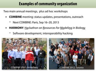 Examples of community organization
Two main annual meetings, plus ad hoc workshops
• COMBINE meeting: status updates, presentations, outreach
- Next COMBINE: Paris, Sep 16–20, 2013
• HARMONY: Hackathon on Resources for Modeling in Biology
- Software development, interoperability hacking
COMBINE 2012, TorontoCOMBINE 2011, Heidelberg
 