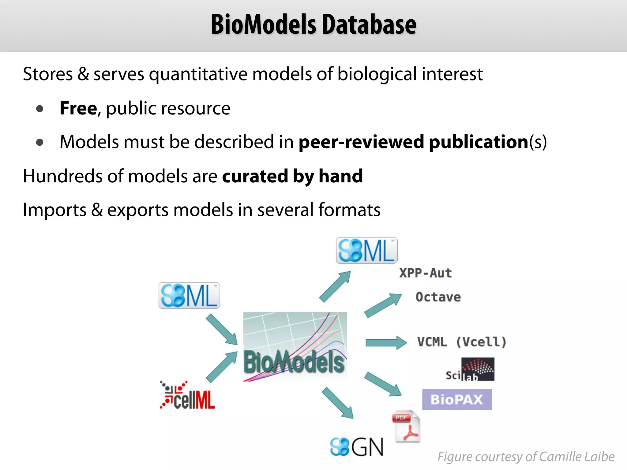 BioModels Database
Stores & serves quantitative models of biological interest
 •   Free, public resource
 •   Models must be described in peer-reviewed publication(s)
Hundreds of models are curated by hand
Imports & exports models in several formats




                                                    Figure courtesy of Camille Laibe
 