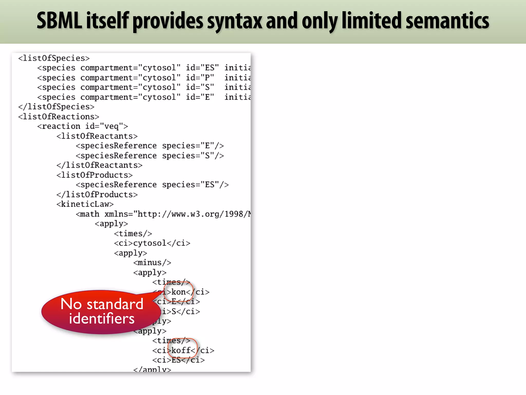 SBML itself provides syntax and only limited semantics




  No standard
   identiﬁers
 