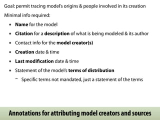 MIRIAM (Minimum Information Requested In the Annotation of Models)


 Addresses 2 general areas of annotation needs:




 ...