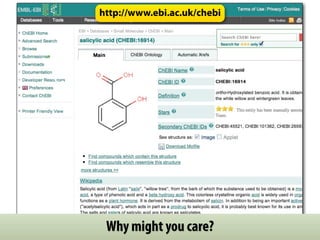 http://www.ebi.ac.uk/chebi

     salicylic acid




     Known by different names – 
Low info you want to write all of
   ...