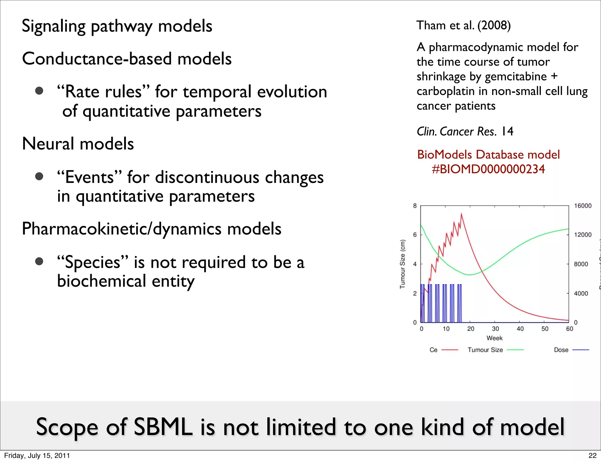 Signaling pathway models                         Tham et al. (2008)
                                                      A pharmacodynamic model for
     Conductance-based models                         the time course of tumor
                                                      shrinkage by gemcitabine +
         •      “Rate rules” for temporal evolution
                 of quantitative parameters
                                                      carboplatin in non-small cell lung
                                                      cancer patients

                                                      Clin. Cancer Res. 14
     Neural models                                    BioModels Database model

         •      “Events” for discontinuous changes
                in quantitative parameters
                                                         #BIOMD0000000234



     Pharmacokinetic/dynamics models

         •      “Species” is not required to be a
                biochemical entity




          Scope of SBML is not limited to one kind of model
Friday, July 15, 2011                                                                      22
 