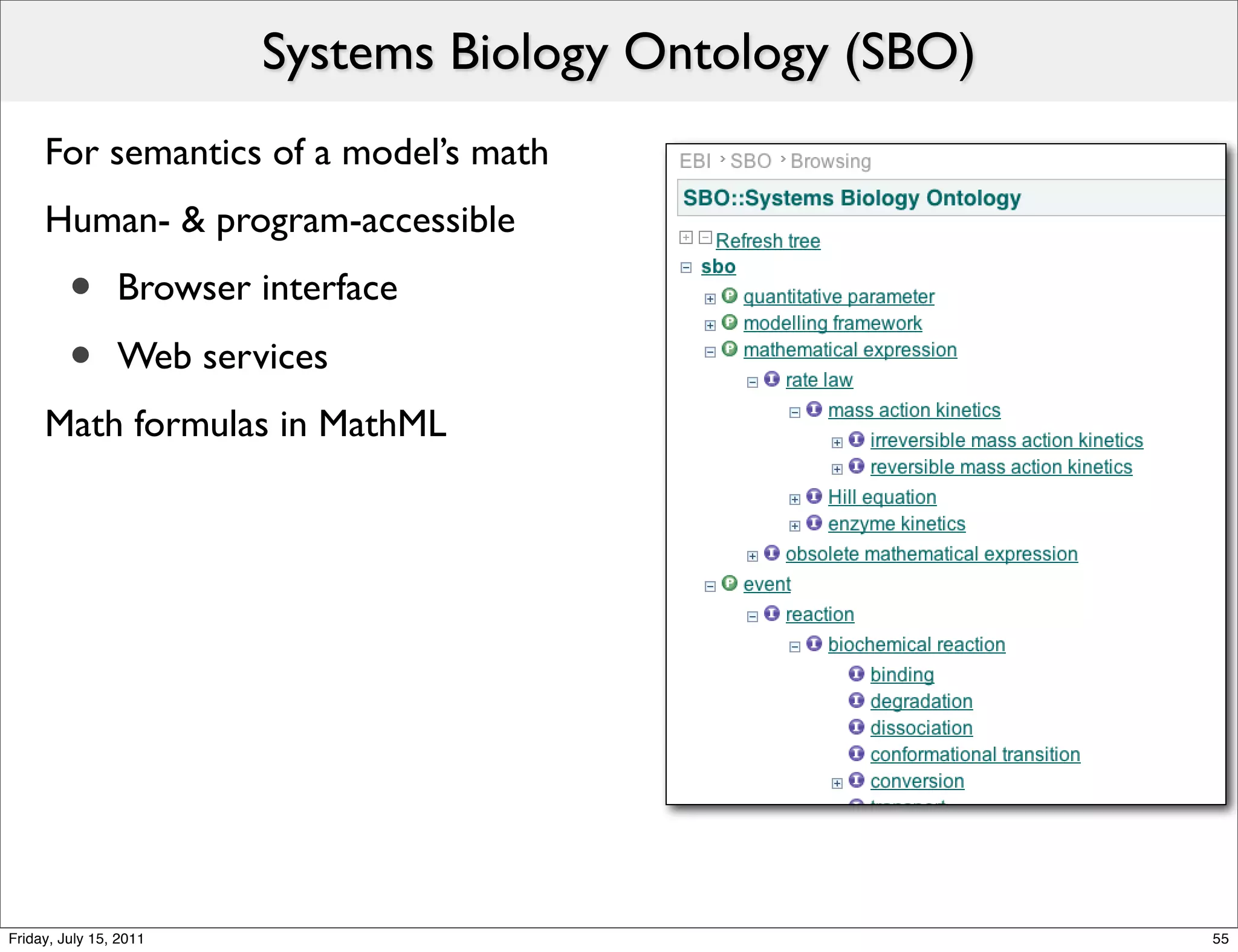 Systems Biology Ontology (SBO)
     For semantics of a model’s math
     Human- & program-accessible
         •      Browser interface

         •      Web services
     Math formulas in MathML




Friday, July 15, 2011                                    55
 