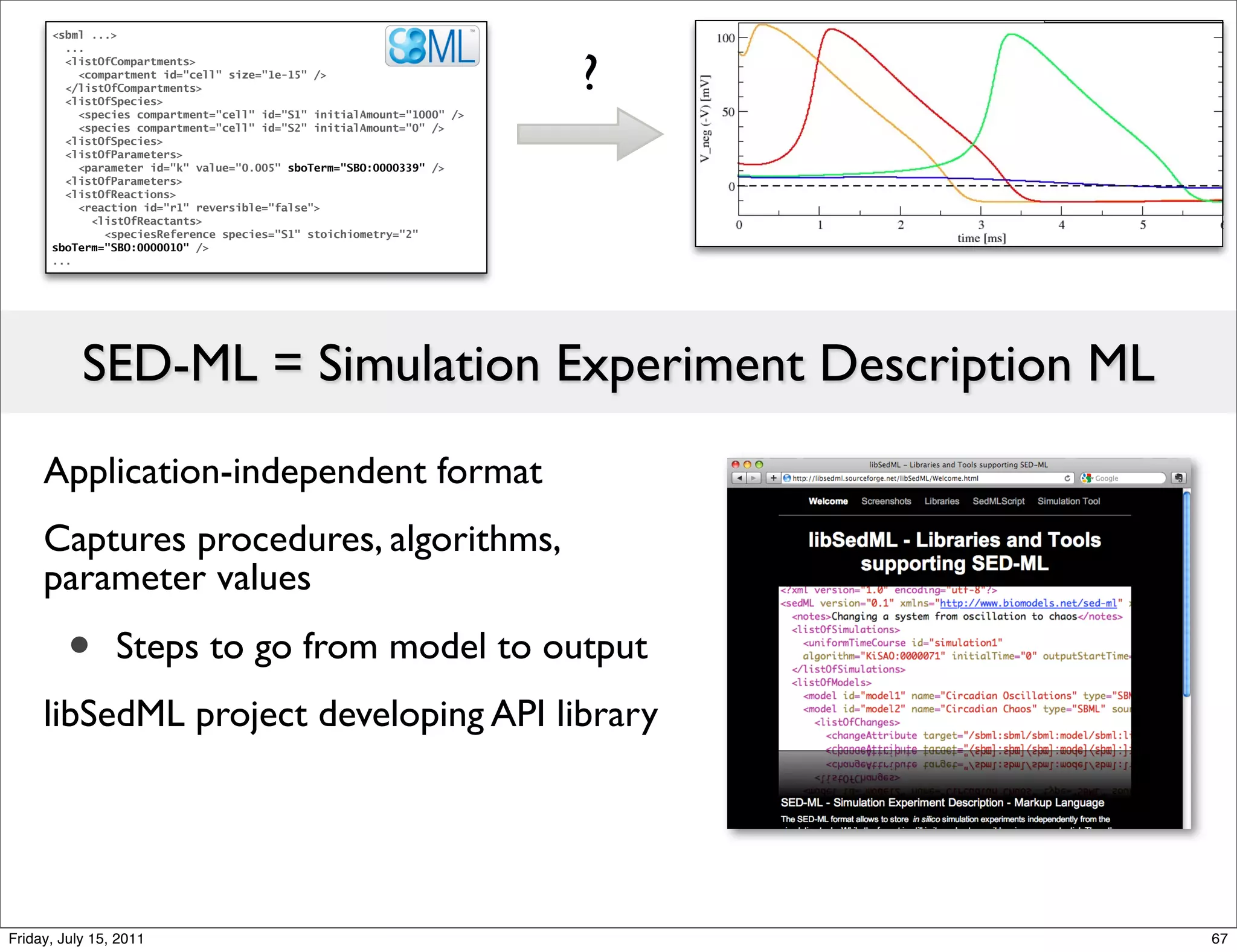 <sbml ...>
        ...
        <listOfCompartments>
          <compartment id="cell" size="1e-15" />
        </listOfCompartments>
        <listOfSpecies>
                                                                        ?
          <species compartment="cell" id="S1" initialAmount="1000" />
          <species compartment="cell" id="S2" initialAmount="0" />
        <listOfSpecies>
        <listOfParameters>
          <parameter id="k" value="0.005" sboTerm="SBO:0000339" />
        <listOfParameters>
        <listOfReactions>
          <reaction id="r1" reversible="false">
            <listOfReactants>
              <speciesReference species="S1" stoichiometry="2"
      sboTerm="SBO:0000010" />
      ...




           SED-ML = Simulation Experiment Description ML
     Application-independent format
     Captures procedures, algorithms,
     parameter values

         •      Steps to go from model to output
     libSedML project developing API library




Friday, July 15, 2011                                                       67
 