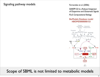 Signaling pathway models            Fernandez et al. (2006)
                                    DARPP-32 Is a Robust Integrator
                                    of Dopamine and Glutamate Signals
                                    PLoS Computational Biology

                                    BioModels Database model
                                       #BIOMD0000000153




  Scope of SBML is not limited to metabolic models
                                                                    10
 