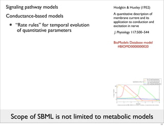 Signaling pathway models                   Hodgkin & Huxley (1952)
                                           A quantitative description of
Conductance-based models                   membrane current and its

 •
                                           application to conduction and
     “Rate rules” for temporal evolution   excitation in nerve
      of quantitative parameters           J. Physiology 117:500–544

                                           BioModels Database model
                                              #BIOMD0000000020




  Scope of SBML is not limited to metabolic models
                                                                           11
 