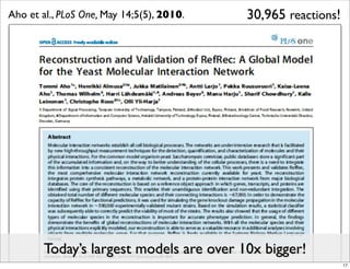 Aho et al., PLoS One, May 14;5(5), 2010.   30,965 reactions!




        Today’s largest models are over 10x bigger!
                                                               17
 