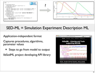<sbml ...>
  ...
  <listOfCompartments>
    <compartment id="cell" size="1e-15" />
  </listOfCompartments>
  <listOfSpecies>
                                                                  ?
    <species compartment="cell" id="S1" initialAmount="1000" />
    <species compartment="cell" id="S2" initialAmount="0" />
  <listOfSpecies>
  <listOfParameters>
    <parameter id="k" value="0.005" sboTerm="SBO:0000339" />
  <listOfParameters>
  <listOfReactions>
    <reaction id="r1" reversible="false">
      <listOfReactants>
        <speciesReference species="S1" stoichiometry="2"
sboTerm="SBO:0000010" />
...




    SED-ML = Simulation Experiment Description ML
Application-independent format
Captures procedures, algorithms,
parameter values

  •      Steps to go from model to output
libSedML project developing API library




                                                                      36
 