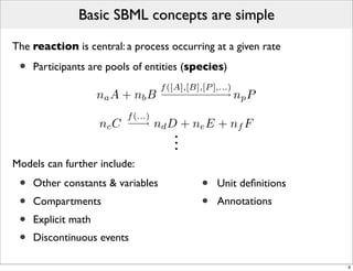 Basic SBML concepts are simple

The reaction is central: a process occurring at a given rate

 •   Participants are pools of entities (species)
                                       f ([A],[B],[P ],...)
                     na A + nb B       − − − − − − → np P
                                        −−−−−−

                            f (...)
                     nc C   −−
                             −→       nd D + ne E + nf F
                                         .
                                         .
                                         .
Models can further include:
 •   Other constants & variables               •   Unit deﬁnitions
 •   Compartments                              •   Annotations
 •   Explicit math
 •   Discontinuous events

                                                                     9
 