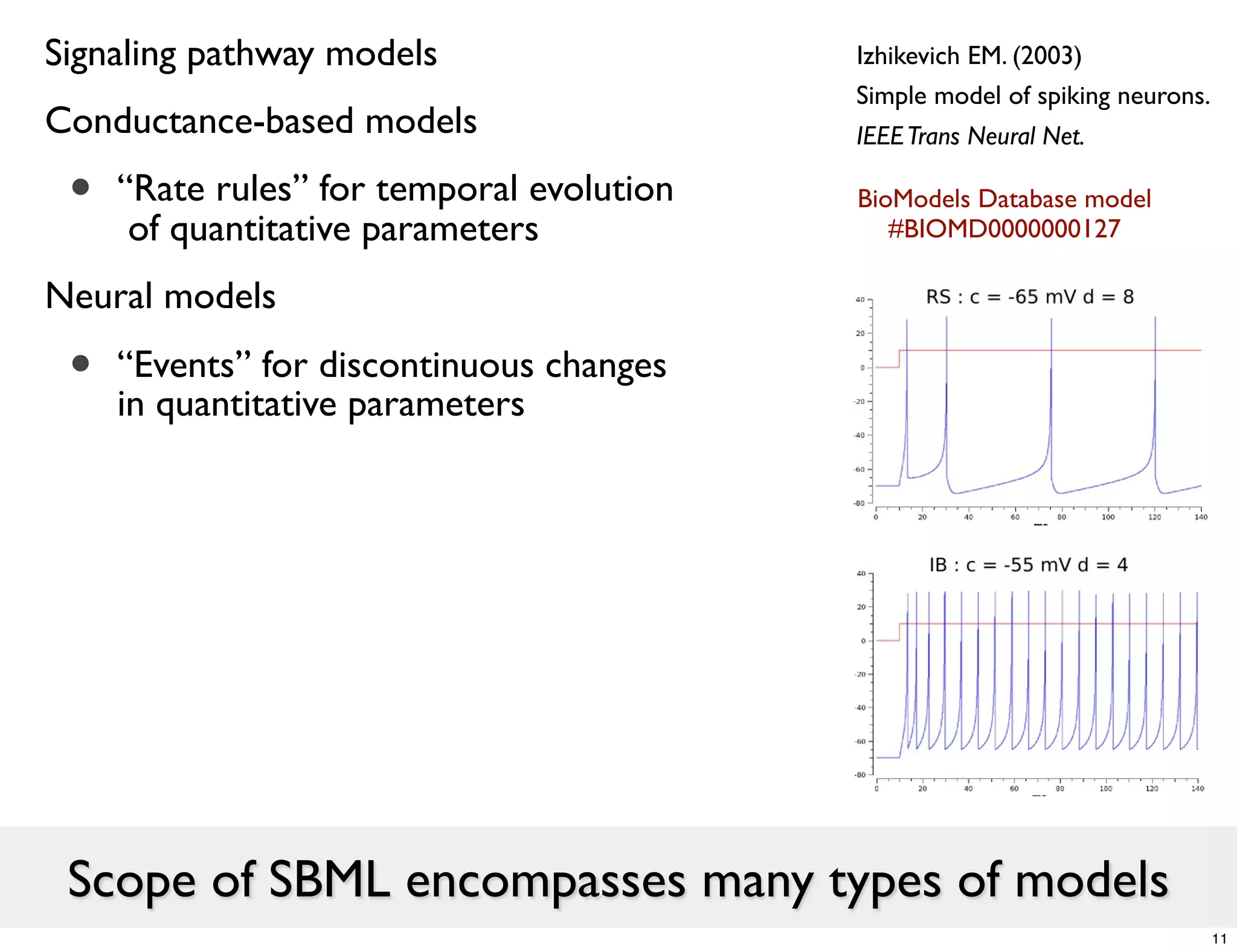 Signaling pathway models                   Izhikevich EM. (2003)
                                           Simple model of spiking neurons.
Conductance-based models                   IEEE Trans Neural Net.

 •   “Rate rules” for temporal evolution
      of quantitative parameters
                                           BioModels Database model
                                              #BIOMD0000000127

Neural models

 •   “Events” for discontinuous changes
     in quantitative parameters




 Scope of SBML encompasses many types of models
                                                                              11
 