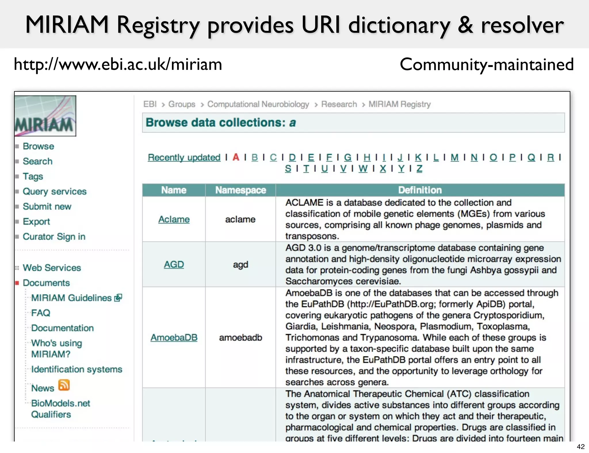 MIRIAM Registry provides URI dictionary & resolver
http://www.ebi.ac.uk/miriam        Community-maintained




                                                          42
 