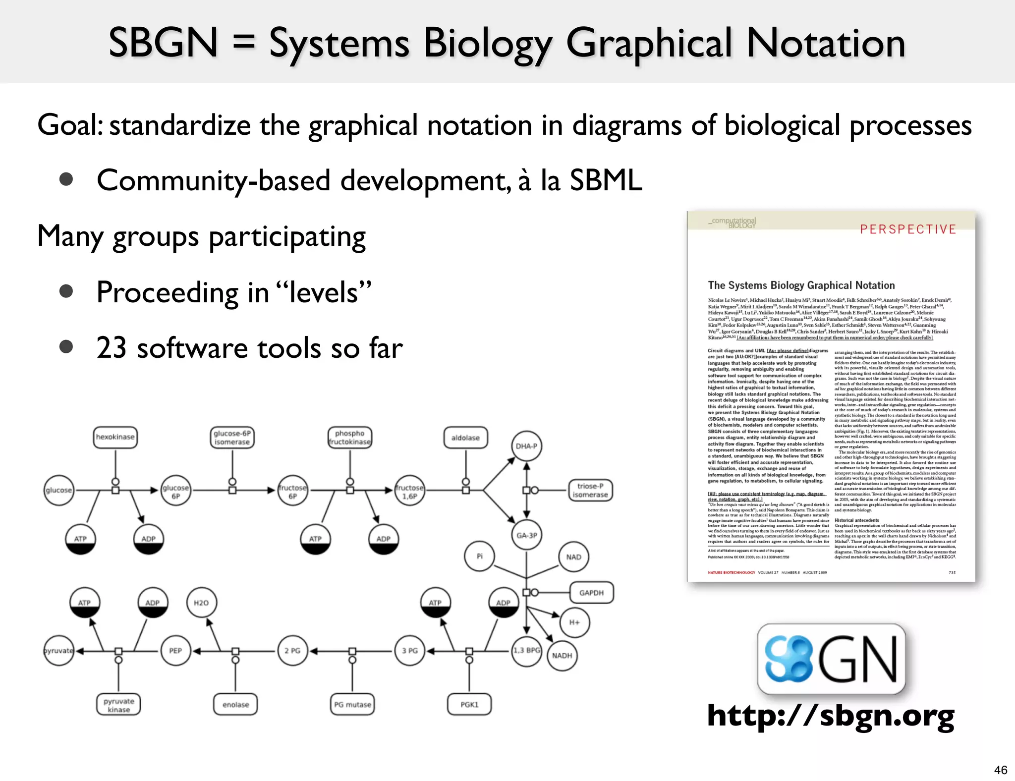 SBGN = Systems Biology Graphical Notation
Goal: standardize the graphical notation in diagrams of biological processes
 •   Community-based development, à la SBML
Many groups participating

 •   Proceeding in “levels”
 •   23 software tools so far




                                                      http://sbgn.org
                                                                               46
 