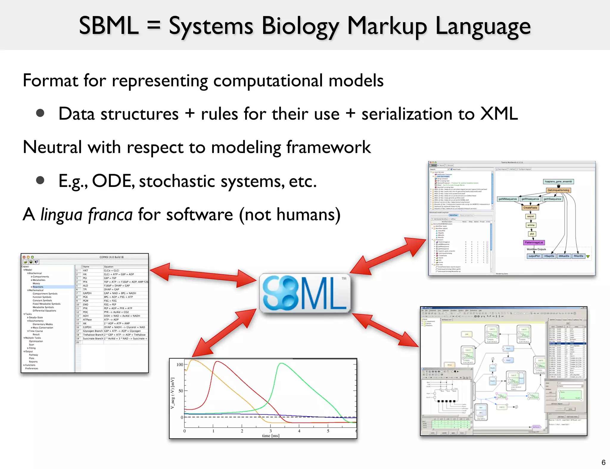 SBML = Systems Biology Markup Language

Format for representing computational models
 •   Data structures + rules for their use + serialization to XML
Neutral with respect to modeling framework

 •   E.g., ODE, stochastic systems, etc.
A lingua franca for software (not humans)




                                                                    6
 