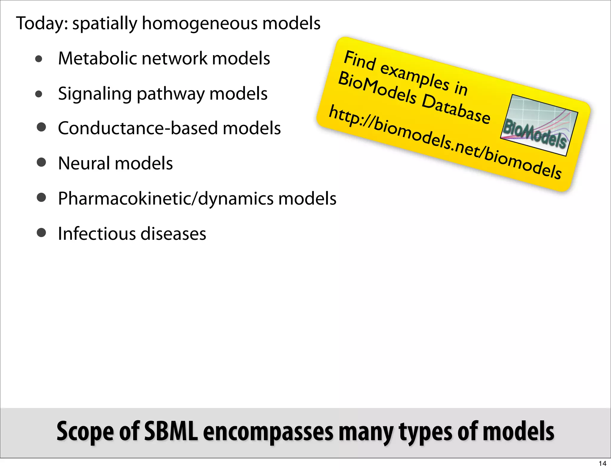 Today: spatially homogeneous models
  •   Metabolic network models          F i nd
                                       BioM
                                               exam
                                                     ples i
  •   Signaling pathway models                 odels        n
                                                     Data
                                      http:/               base
  • Conductance-based models                 /biom
                                                   odels
                                                         .net/b
  • Neural models                                               iomo
                                                                    dels
  • Pharmacokinetic/dynamics models
  • Infectious diseases




      Scope of SBML encompasses many types of models
                                                                           14
 