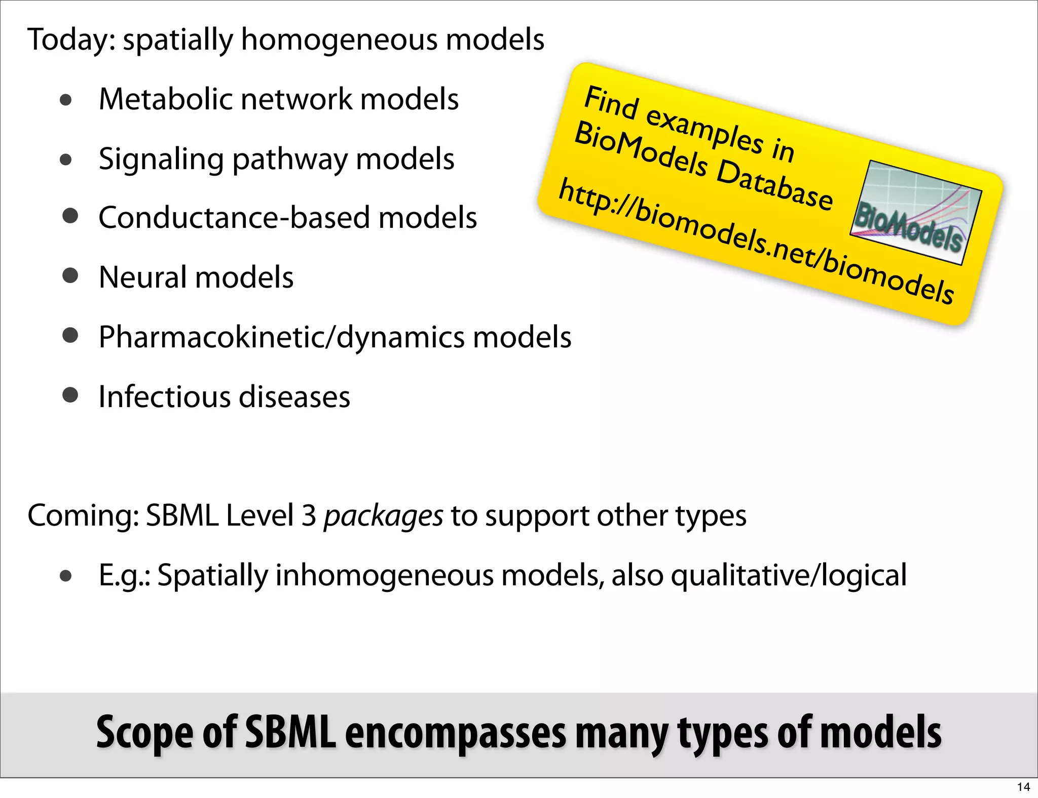 Today: spatially homogeneous models
  •   Metabolic network models             F i nd
                                          BioM
                                                  exam
                                                        ples i
  •   Signaling pathway models                    odels        n
                                                        Data
                                         http:/               base
  • Conductance-based models                    /biom
                                                      odels
                                                            .net/b
  • Neural models                                                  iomo
                                                                       dels
  • Pharmacokinetic/dynamics models
  • Infectious diseases


Coming: SBML Level 3 packages to support other types
  •   E.g.: Spatially inhomogeneous models, also qualitative/logical




      Scope of SBML encompasses many types of models
                                                                              14
 